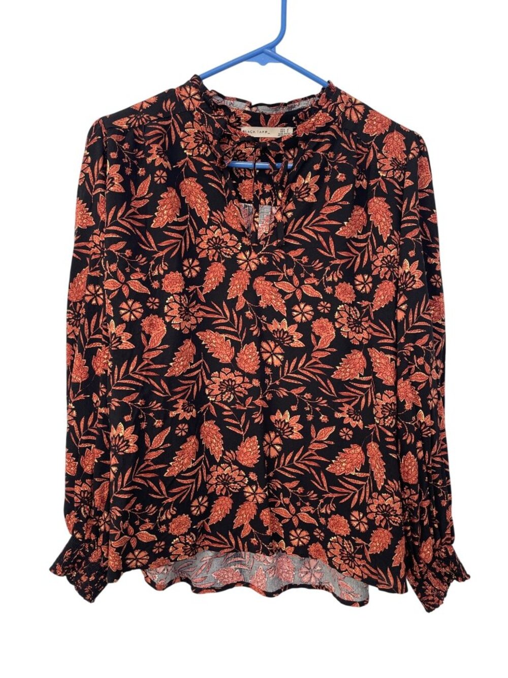 Black Tape Peasant Top Small Floral Long Sleeve Tie Neck Black Cinnamon Boho NEW